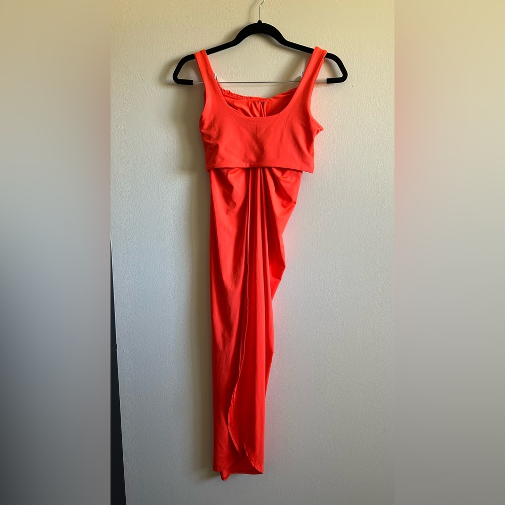 Tropical Two Piece Tank & Twist Knot High-Low Slit Wrap Skirt Neon Orange Small